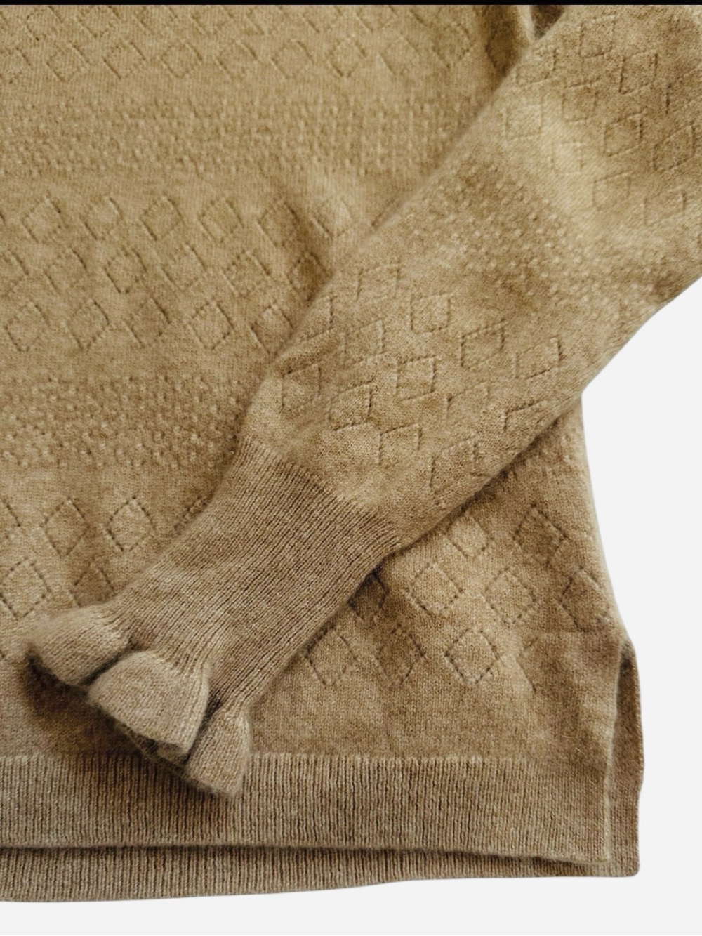 J.Crew 100% Cashmere Camel Pointelle Diamond Knit Ruffle Cuff Sweater S - Picture 5 of 11